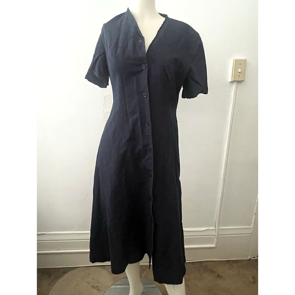 laura ashley Eyelet Dress Sz 4 Navy Blue Linen Cotton Boho Feminine Country City